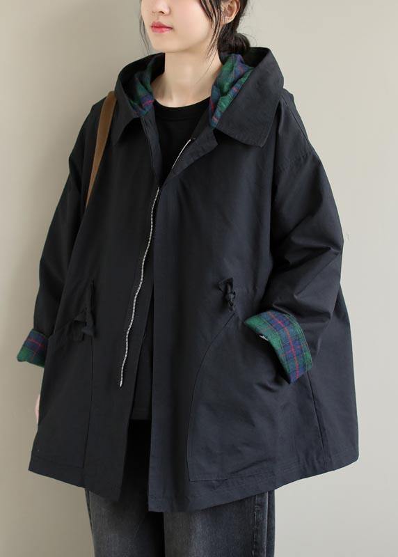 Organic Black Fine Coats Women Blouses Inspiration Hooded Zip Up Spring Jackets - bagstylebliss