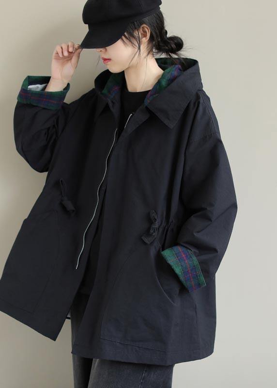 Organic Black Fine Coats Women Blouses Inspiration Hooded Zip Up Spring Jackets - bagstylebliss