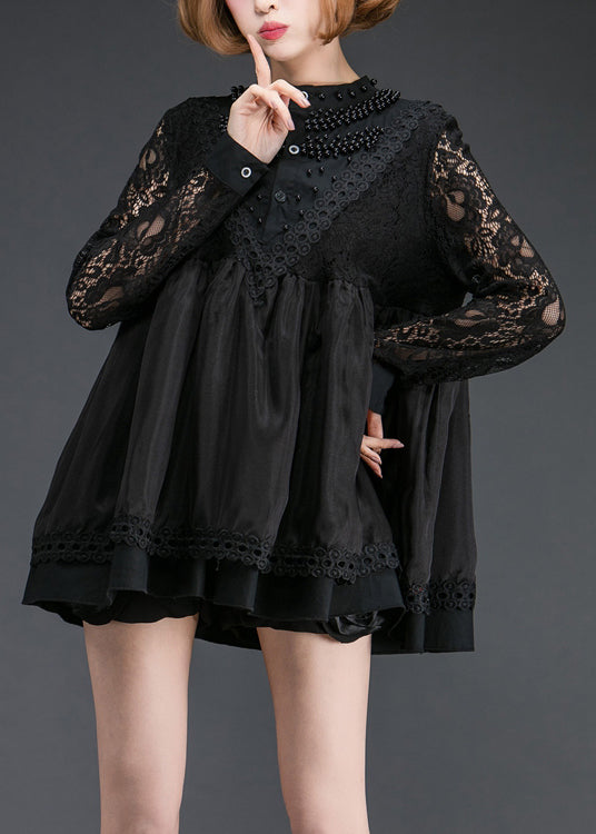 Organic Black Nail bead Patchwork Lace Shift Dress Spring