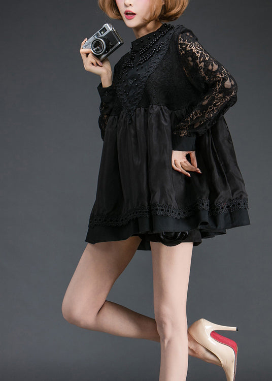 Organic Black Nail bead Patchwork Lace Shift Dress Spring