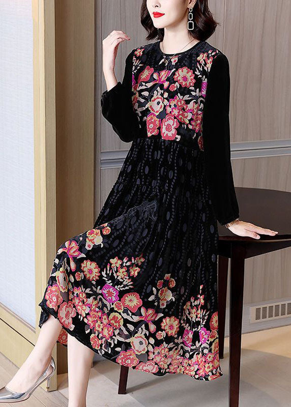 Organic Black O-Neck Patchwork Print Velour Dresses Spring