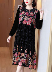 Organic Black O-Neck Patchwork Print Velour Dresses Spring