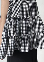 Organic Black O Neck Plaid Ruffled Cotton Shirts Sleeveless