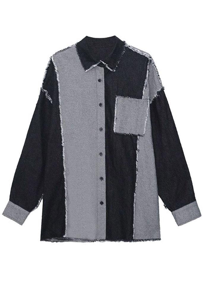 Organic Black Peter Pan Collar Button Pockets Fall Patchwork Denim Shirt Tops Long sleeve - bagstylebliss