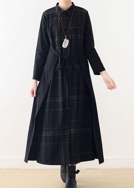 Organic Black Plaid Tie Long Sleeve Holiday Dress Fall - bagstylebliss