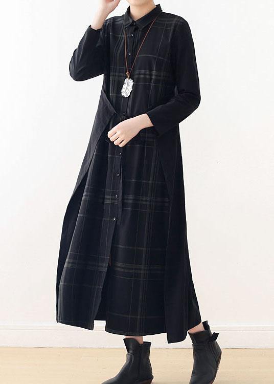 Organic Black Plaid Tie Long Sleeve Holiday Dress Fall - bagstylebliss