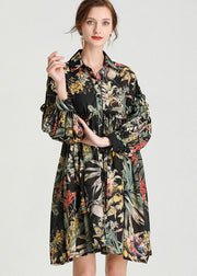 Organic Black Print Button Fashion Fall Long Sleeve Dresses