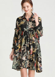 Organic Black Print Button Fashion Fall Long Sleeve Dresses