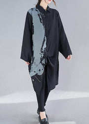 Organic Black Print Dresses Lapel Patchwork Loose Spring Dress - bagstylebliss