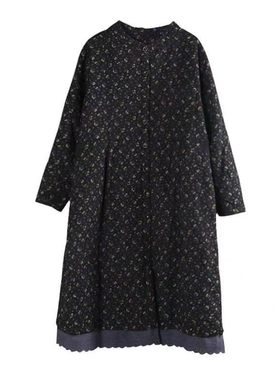 Organic Black Print Lace Patchwork Fine Cotton Filled Coat Winter