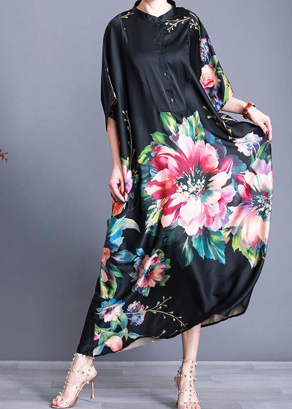Luxy Black Silk Dress Long Batwing Sleeve Maxi Dresses Caftan - bagstylebliss