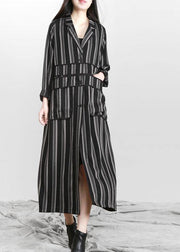 Organic Black Striped Button Peter Pan Collar Fall Long Coat - bagstylebliss