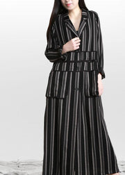 Organic Black Striped Button Peter Pan Collar Fall Long Coat - bagstylebliss