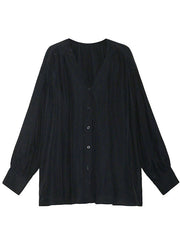 Organic Black V Neck Loose Casual Button Fall Long sleeve Shirt