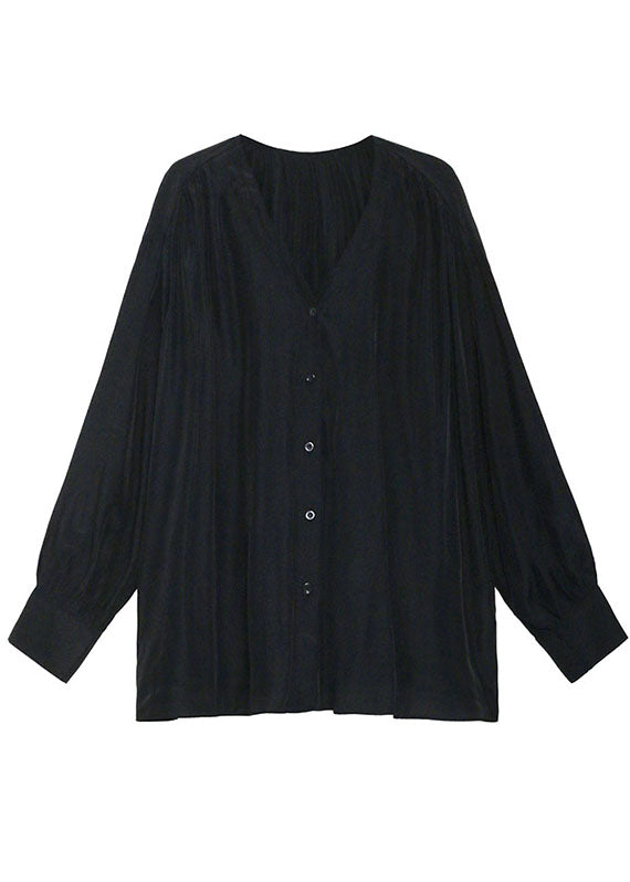 Organic Black V Neck Loose Casual Button Herbst Langarm-Shirt