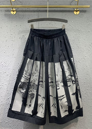 Organic Black Wrinkled Print Cotton Wide Leg Crop Pants Fall