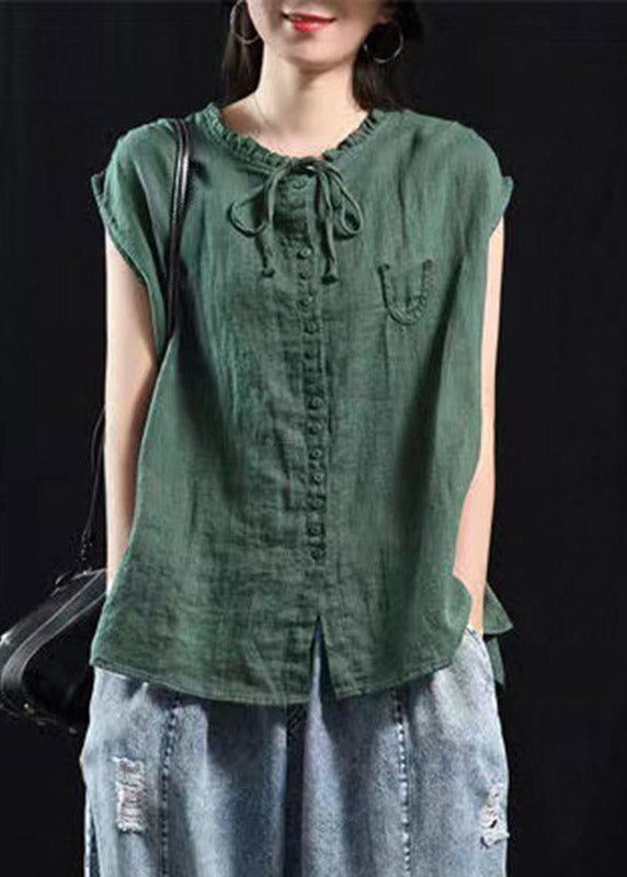 Organic Blackish Green Patchwork Ruffled Top Short Sleeve