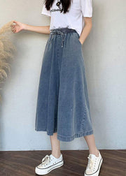 Organic Blue Elastic Waist Drawstring Pockets Cotton Wide Leg Pants Jeans Summer