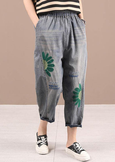Organic Blue Embroideried Summer Regular Denim Pants - bagstylebliss