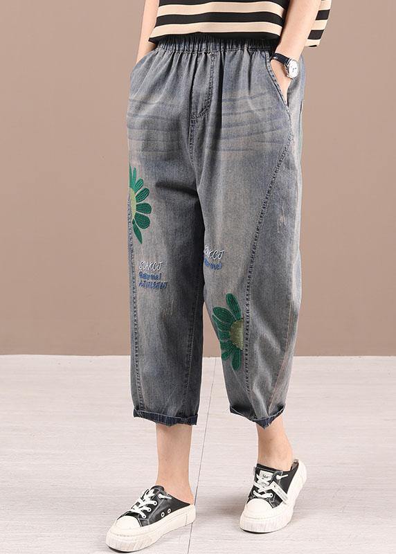 Organic Blue Embroideried Summer Regular Denim Pants - bagstylebliss