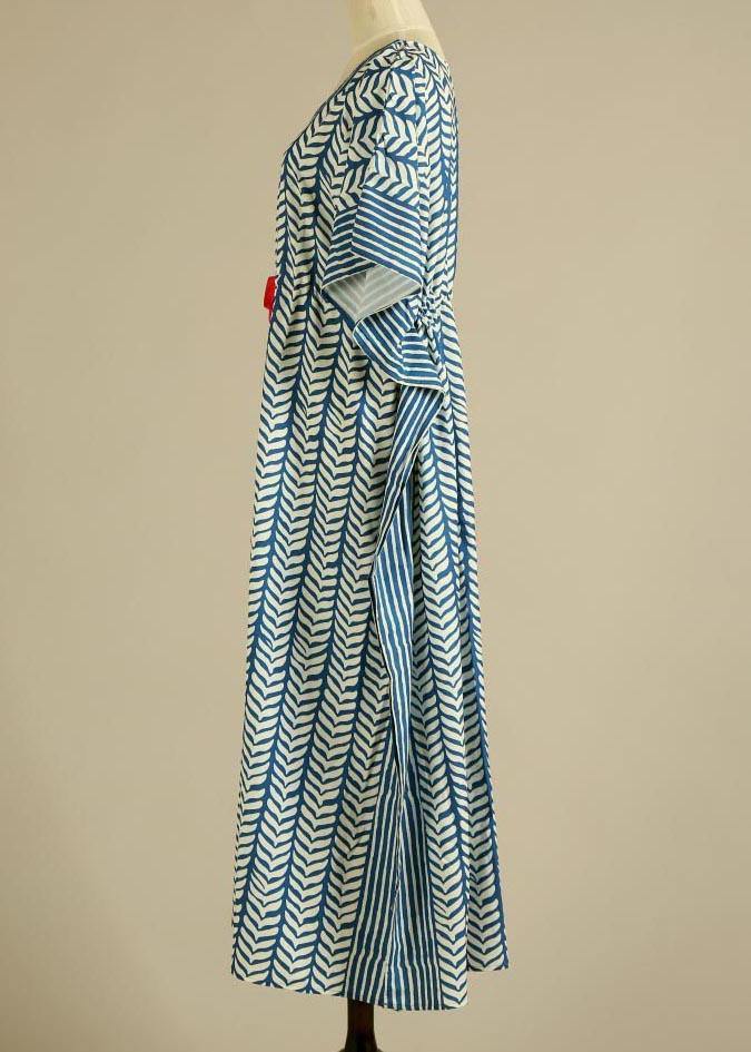 Organic Blue Floral V Neck kimono robe Cotton Dress - bagstylebliss