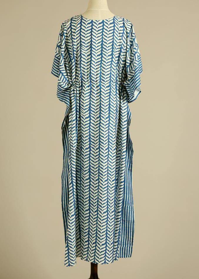 Organic Blue Floral V Neck kimono robe Cotton Dress - bagstylebliss