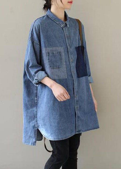 Organic Blue Peter Pan Collar Casual denim Blouses Spring