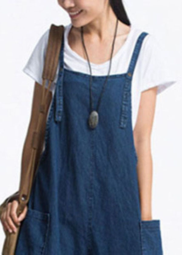 Organic Blue Pockets Einfarbige Baumwoll-Denim-Overalls Hose mit weitem Bein Sommer