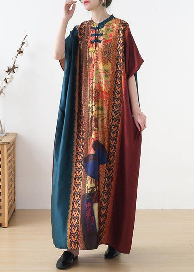 Organic Blue Red Print Oriental Summer Chiffon Dress - bagstylebliss