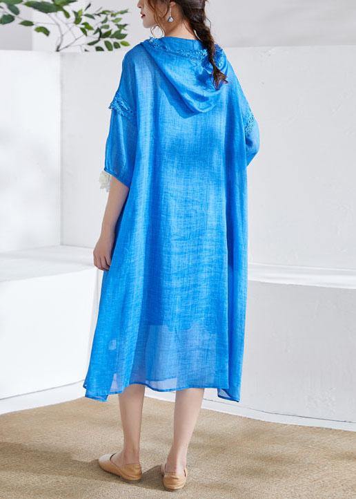 Organic Blue Ruffled Patchwork Summer Ramie Maxi Dresses Half Sleeve - bagstylebliss