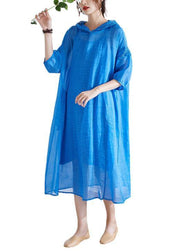 Organic Blue Ruffled Patchwork Summer Ramie Maxi Dresses Half Sleeve - bagstylebliss