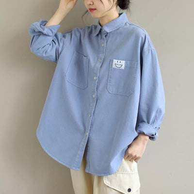 Organic Blue Smiling Face Top Lapel Button Down Midi Spring Shirts - bagstylebliss