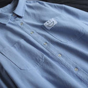 Organic Blue Smiling Face Top Lapel Button Down Midi Spring Shirts - bagstylebliss