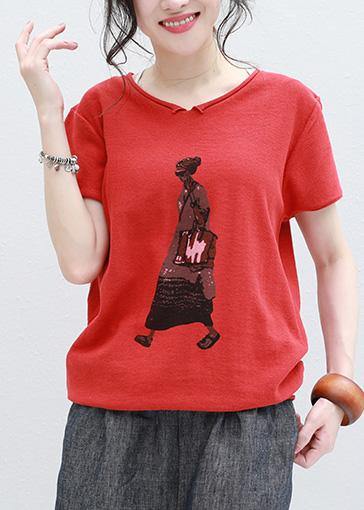 Organic Cartoon print v neck cotton Long Shirts red silhouette summer shirt - bagstylebliss