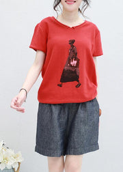 Organic Cartoon print v neck cotton Long Shirts red silhouette summer shirt - bagstylebliss