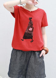 Organic Cartoon print v neck cotton Long Shirts red silhouette summer shirt - bagstylebliss