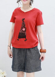 Organic Cartoon print v neck cotton Long Shirts red silhouette summer shirt - bagstylebliss