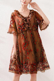 Organic Chocolate Embroidery Lace Butterfly Sleeve Summer Robe Dresses - bagstylebliss