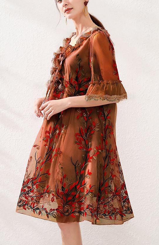 Organic Chocolate Embroidery Lace Butterfly Sleeve Summer Robe Dresses - bagstylebliss