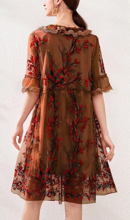 Organic Chocolate Embroidery Lace Butterfly Sleeve Summer Robe Dresses - bagstylebliss