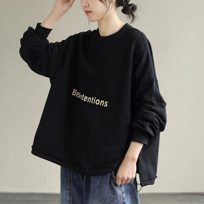 Organic Drawstring cotton Alphabet Prints Top Silhouette Sleeve Black Sweatshirt - bagstylebliss