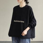 Organic Drawstring cotton Alphabet Prints Top Silhouette Sleeve Black Sweatshirt - bagstylebliss