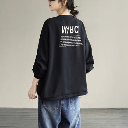 Organic Drawstring cotton Alphabet Prints Top Silhouette Sleeve Black Sweatshirt - bagstylebliss