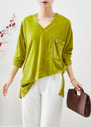 Organic Grass Green Oversized Side Open Silk Velour Top Fall