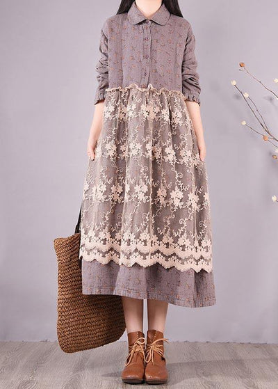 Organic Gray Print Wardrobes Patchwork Lace Long Spring Dresses - bagstylebliss