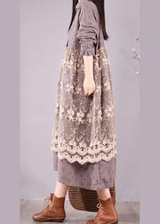 Organic Gray Print Wardrobes Patchwork Lace Long Spring Dresses - bagstylebliss