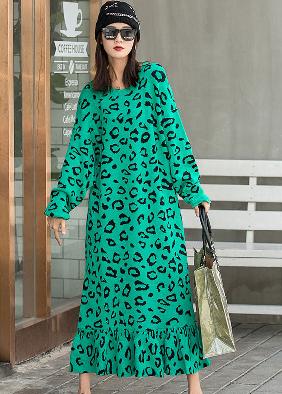 Organic Green Leopard Knit Fall Vacation Kleider mit langen Ärmeln