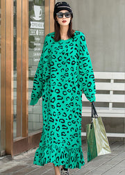 Organic Green Leopard Knit Fall Vacation Kleider mit langen Ärmeln