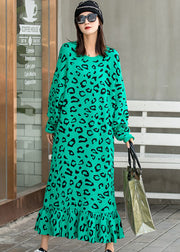 Organic Green Leopard Knit Fall Vacation Kleider mit langen Ärmeln