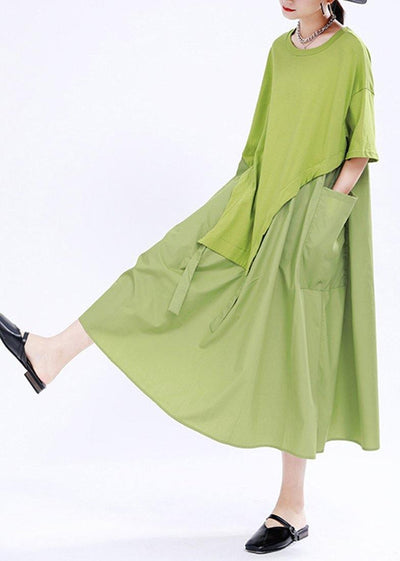 Organic Green O-Neck Loose Ankle Summer Cotton Dress - bagstylebliss